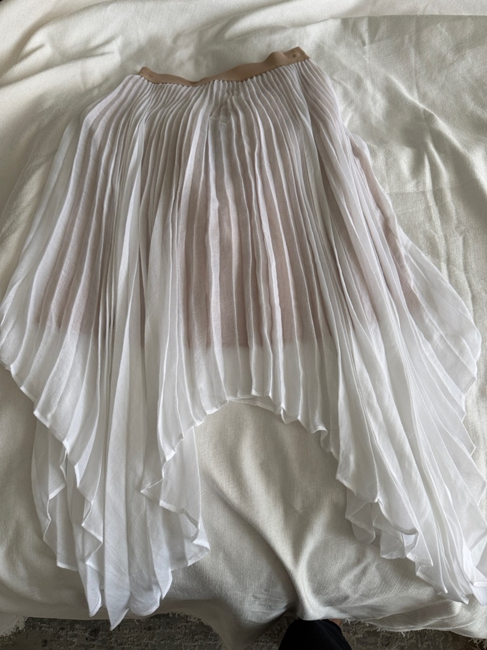 BCBGMaxAzria White Pleated Asymmetrical Chiffon Skirt with Tan Waistband